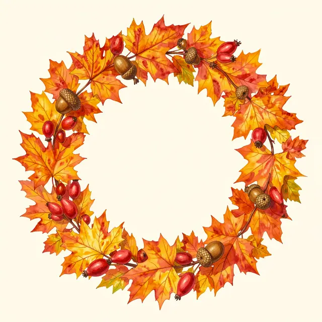 A warm watercolor autumn wreath of sugar maple leaves, rose hips and acorns arranged in a circle with an empty center on a