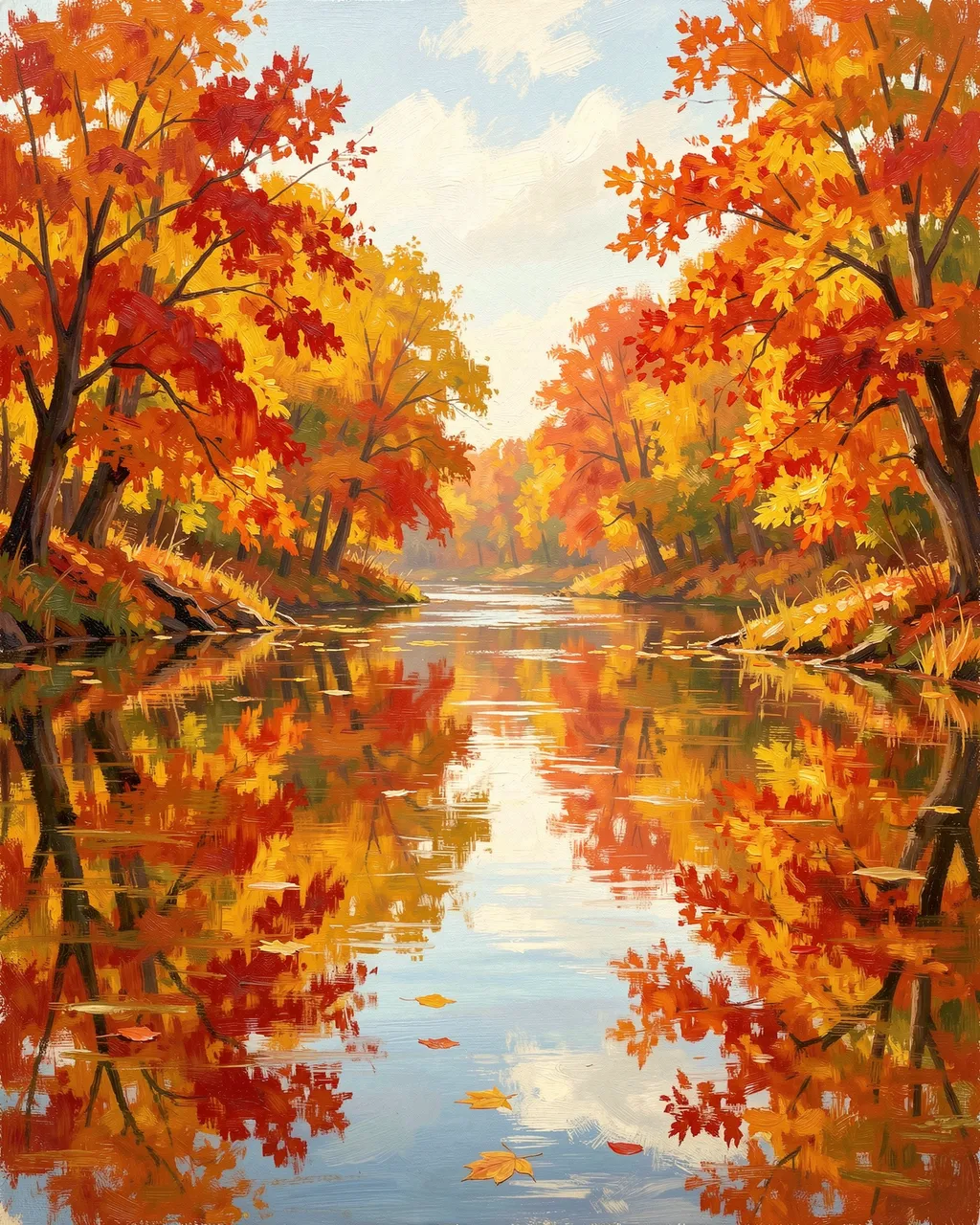 Warm plein air painting of vivid autumn maple trees reflected in a still calm river