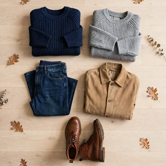 Overhead flat lay of men's fall clothing arranged on pale oak with scattered autumn leaves