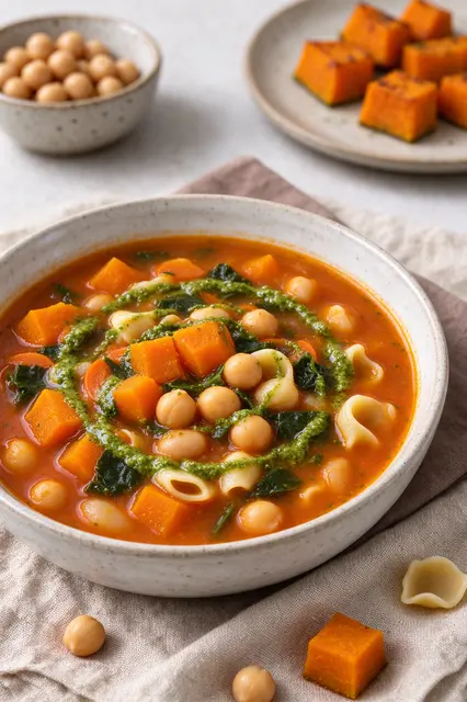 Speckled ceramic bowl of autumn minestrone topped with pesto, set over a rustic linen napkin with side dishes in the
