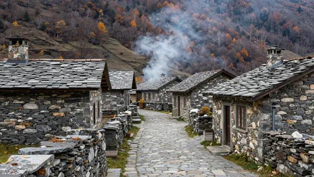 Stone houses line a cobblestone mountain village lane as woodsmoke drifts in cold late autumn air