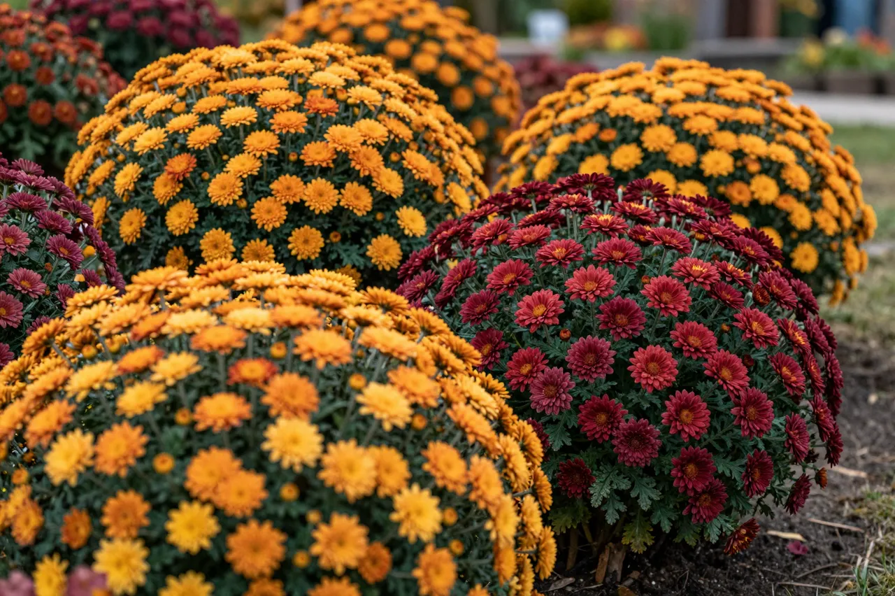 Rounded mounds of orange and burgundy chrysanthemums grow in a fall garden border