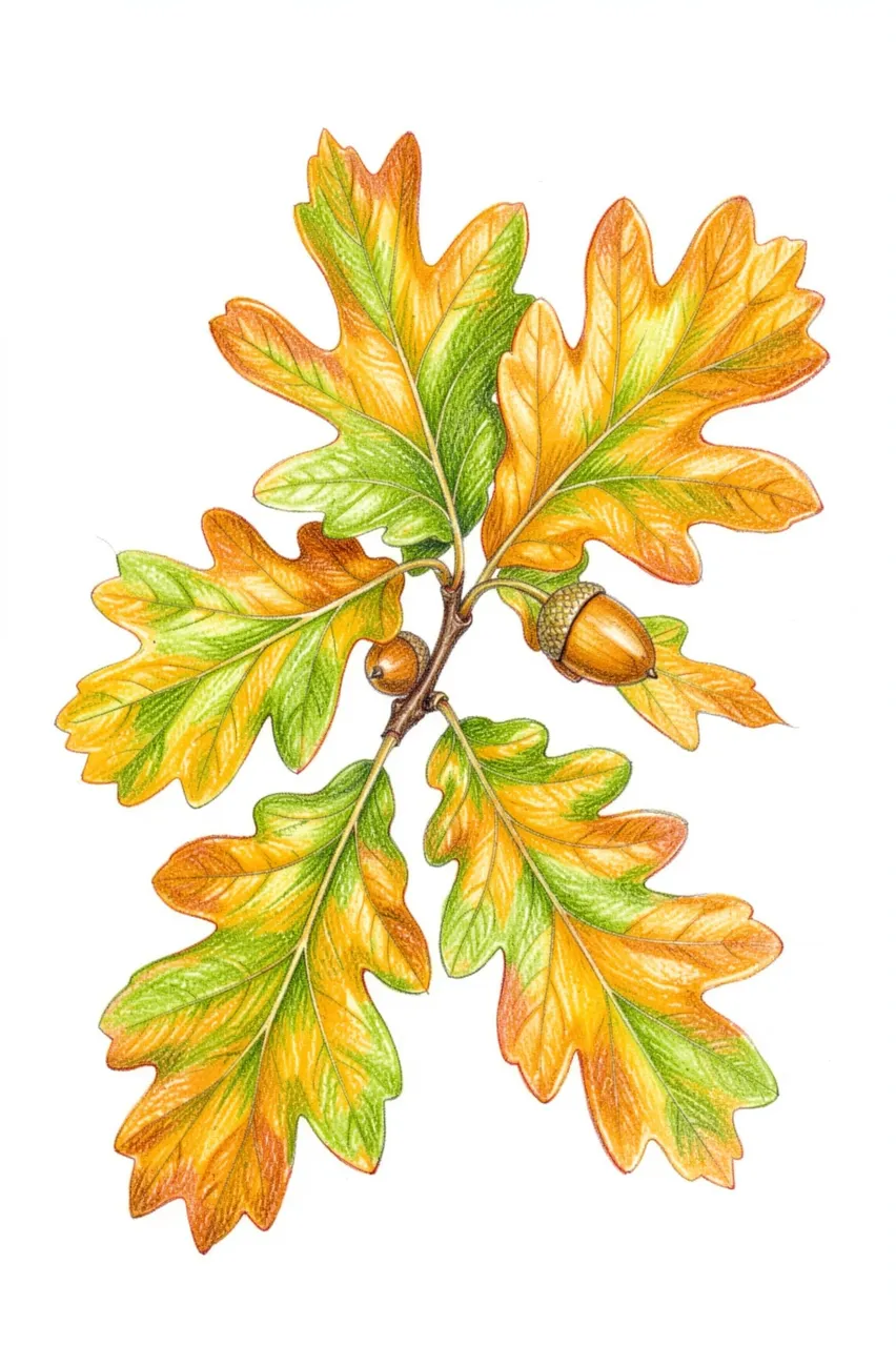 Colored pencil drawing of an oak branch with gradient autumn leaves and two acorns on white paper