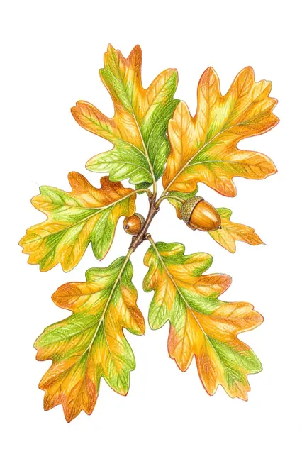 Colored pencil drawing of an oak branch with gradient autumn leaves and two acorns on white paper