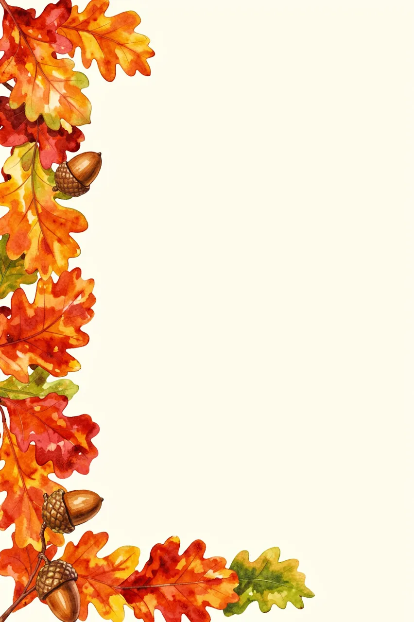 Gouache painted autumn oak leaf and acorn border lines the left and bottom edges of an empty ivory background