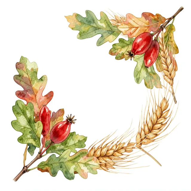 Watercolor corner wreath of oak leaves, rose hips, and wheat stalks on a plain white background