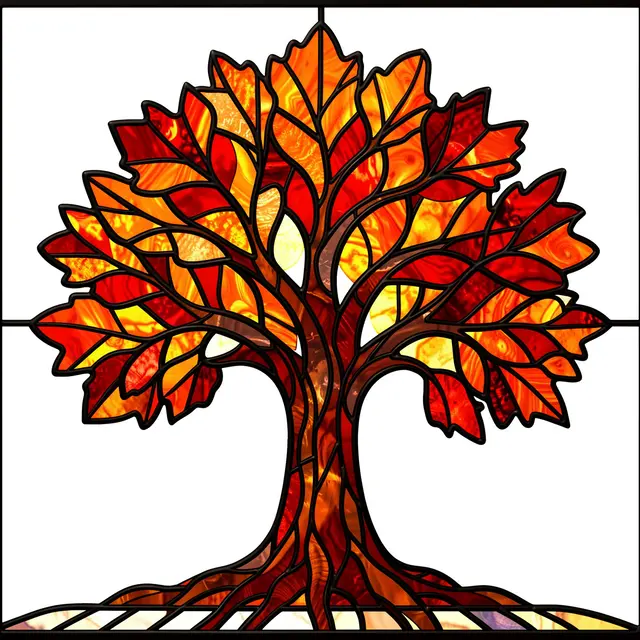 Stained glass panel of an autumn oak tree with bold dark lead lines and warm red orange jewel tones