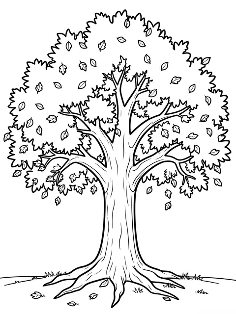 Bold black and white line art of a large oak tree shedding falling leaves on a plain white background