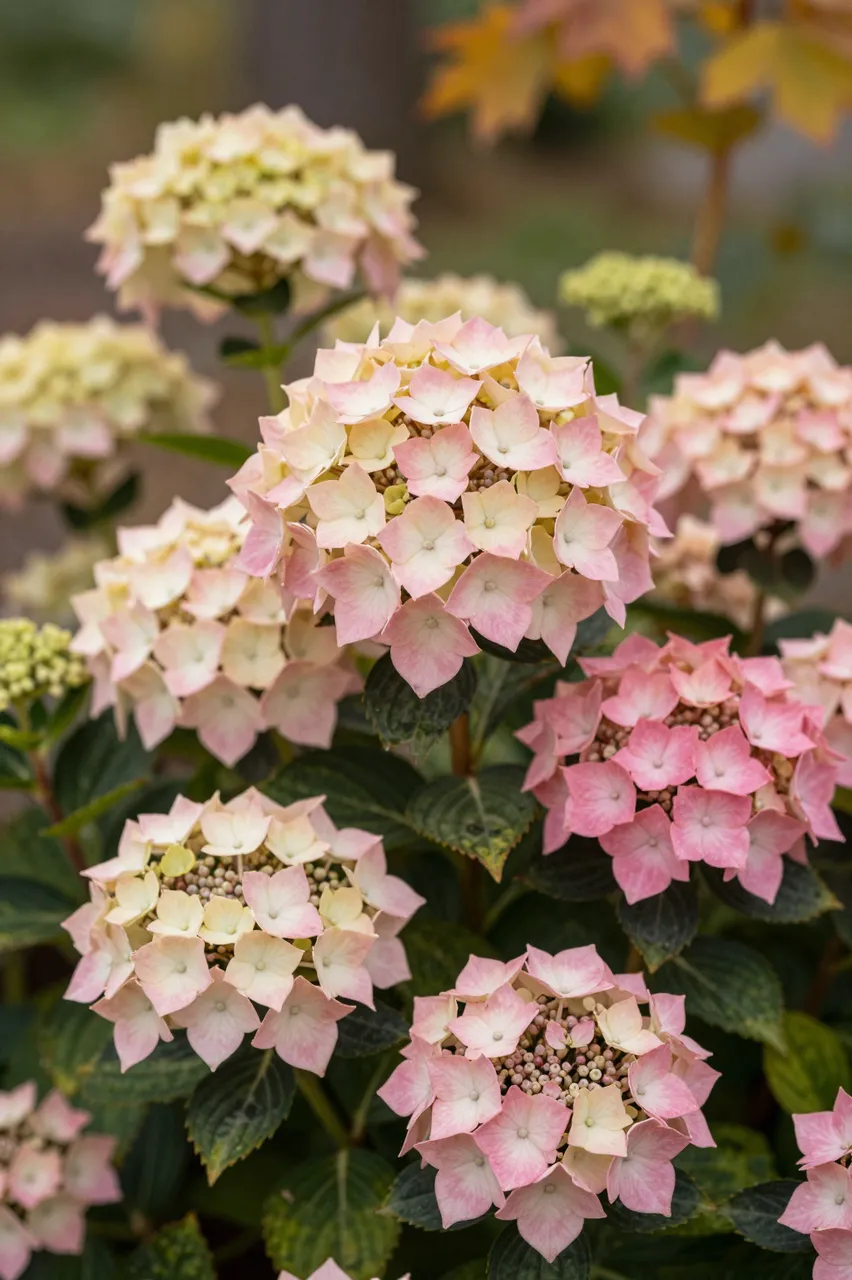 Close up of hydrangea blooms fading from cream to soft rose in a fall garden with blurred background foliage