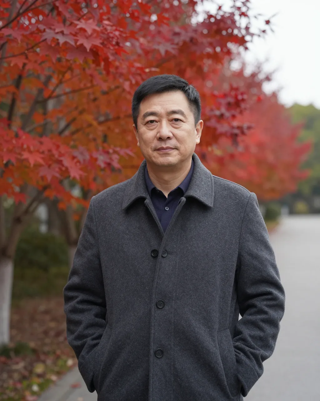 East Asian man in a gray wool coat stands on a maple-lined park path under overcast autumn light