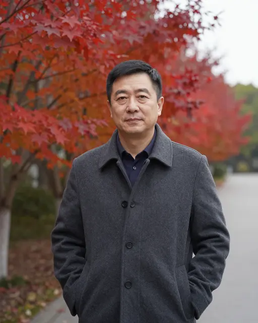 East Asian man in a gray wool coat stands on a maple-lined park path under overcast autumn light