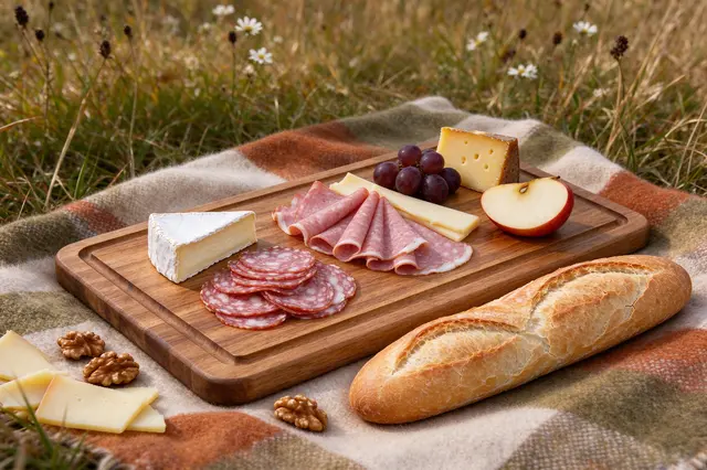 A wooden charcuterie platter with cheeses, cured meats, fruit and baguette rests on a wool blanket in a sunlit meadow
