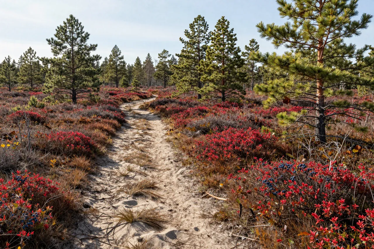 A sandy hiking trail winds through a pine barren lined with red autumn blueberry bushes under a clear pale sky.
