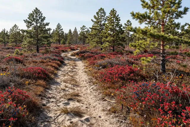 A sandy hiking trail winds through a pine barren lined with red autumn blueberry bushes under a clear pale sky.