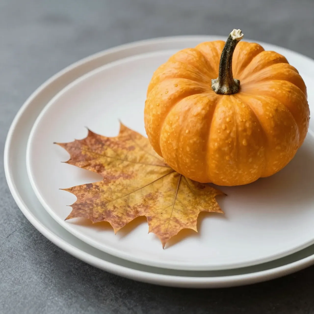 A small pumpkin and dry autumn maple leaf rest on stacked white plates over a dark tabletop