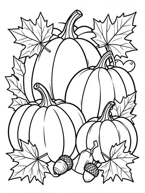 Bold black and white line art of stacked pumpkins, maple leaves, and acorns on a plain white background