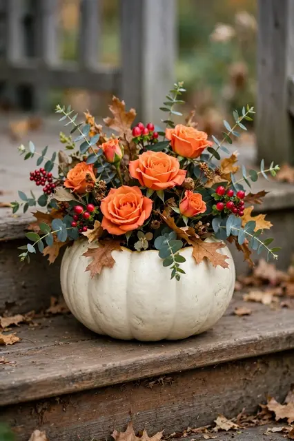A flower arrangement of orange roses, eucalyptus and berries sits in a hollowed white pumpkin on weathered wooden porch