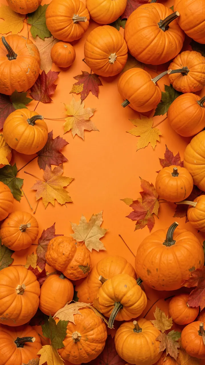 Scattered small pumpkins and fall leaves form a border around empty orange background space
