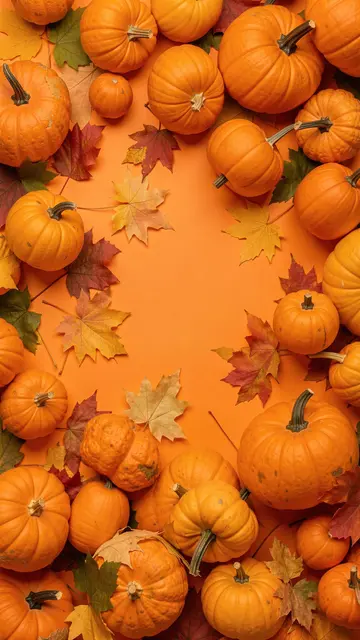 Scattered small pumpkins and fall leaves form a border around empty orange background space