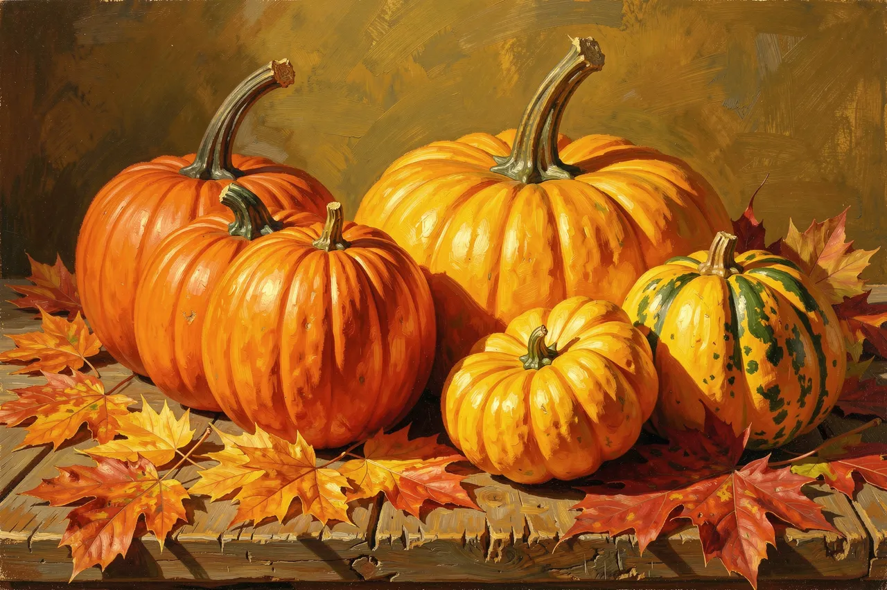 Oil painting of pumpkins and fall leaves arranged on a weathered wooden surface in warm golden light