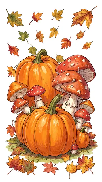 Vertical storybook style illustration of pumpkins, spotted mushrooms and falling autumn leaves against a white background
