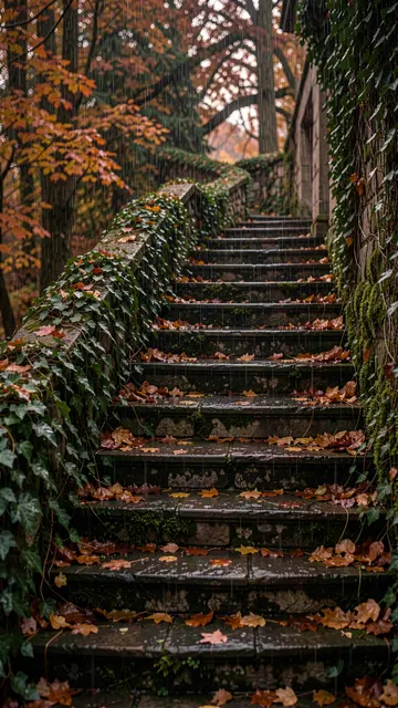 Wet ivy-covered stone steps scattered with fall leaves in gentle autumn rain at dusk