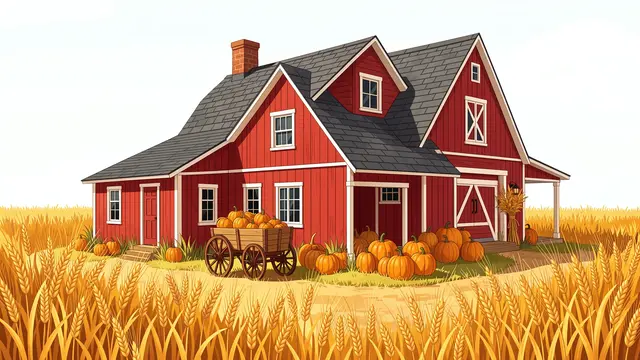 A storybook style red farmhouse sits beside a wooden pumpkin cart surrounded by golden harvest wheat.