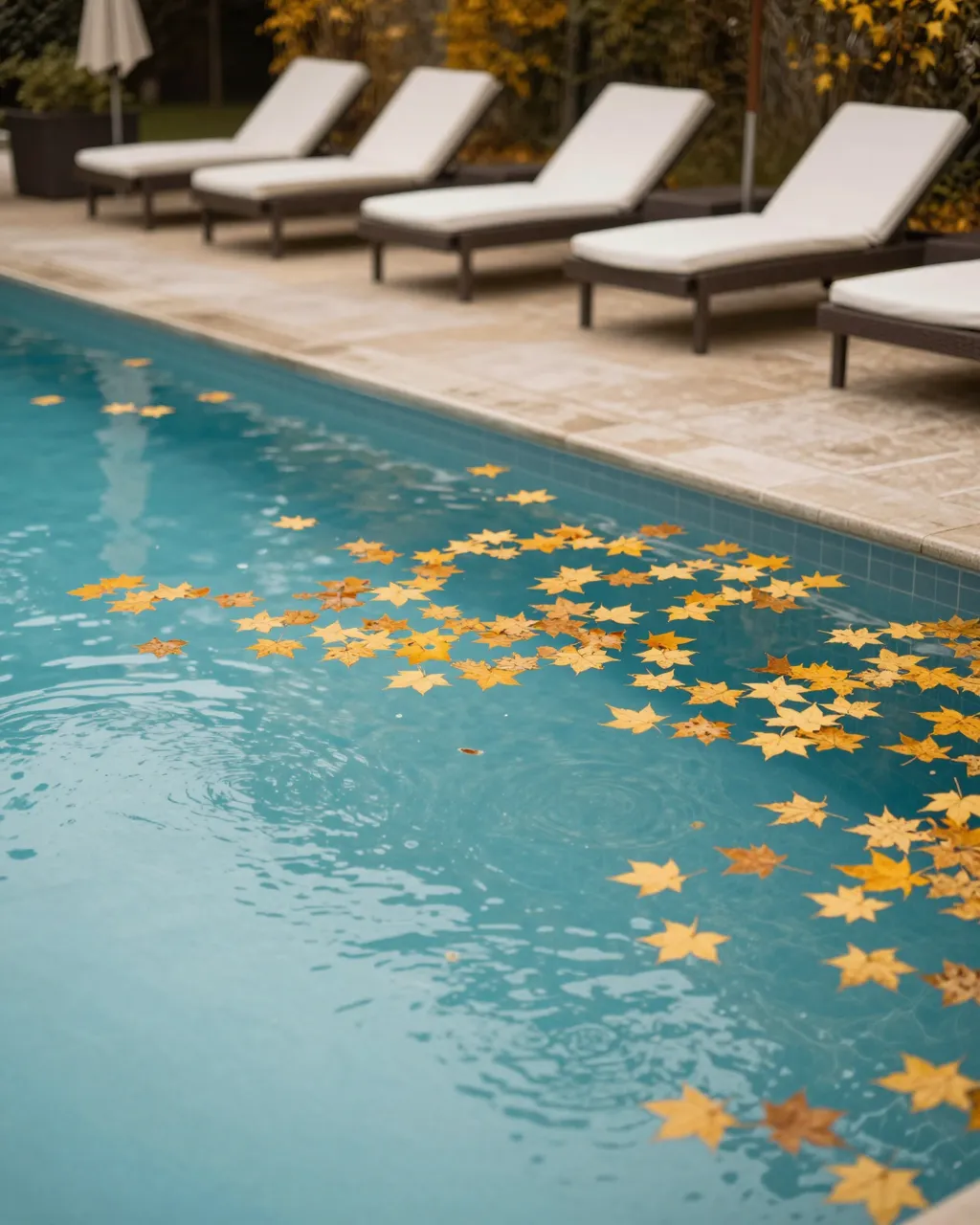 Floating golden autumn leaves rest on a resort swimming pool beside empty white cushioned lounge chairs.