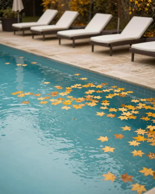 Floating golden autumn leaves rest on a resort swimming pool beside empty white cushioned lounge chairs.