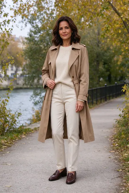 Midlife woman in fall attire stands on a paved riverside walking path surrounded by autumn trees