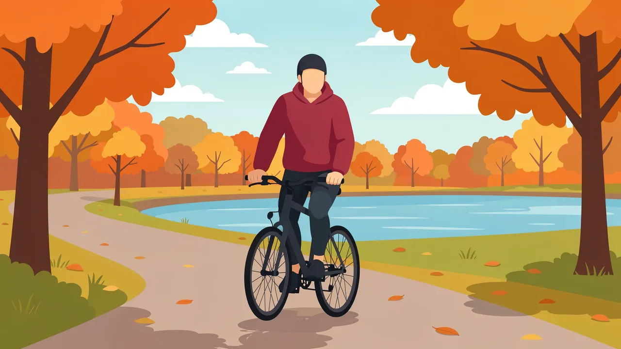 A faceless adult cyclist rides a bicycle along a paved riverside path lined with fall trees