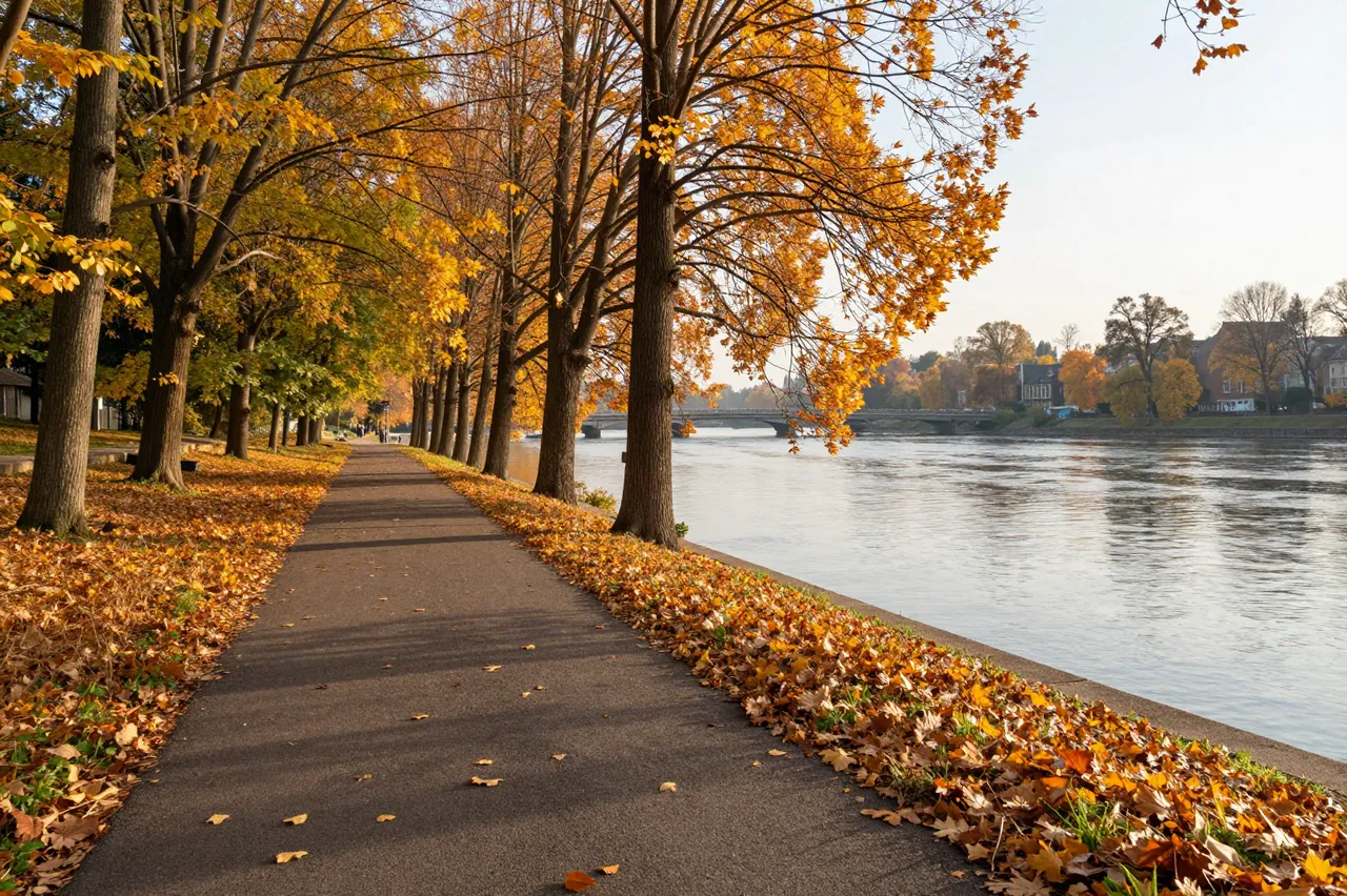 Empty paved riverside walking path lined with golden fall trees and scattered fallen leaves at dawn