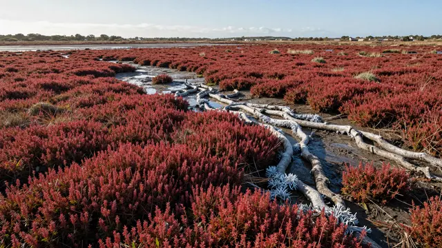 Vibrant red samphire covers a salt marsh with silvery tidal channels under low bright autumn sun