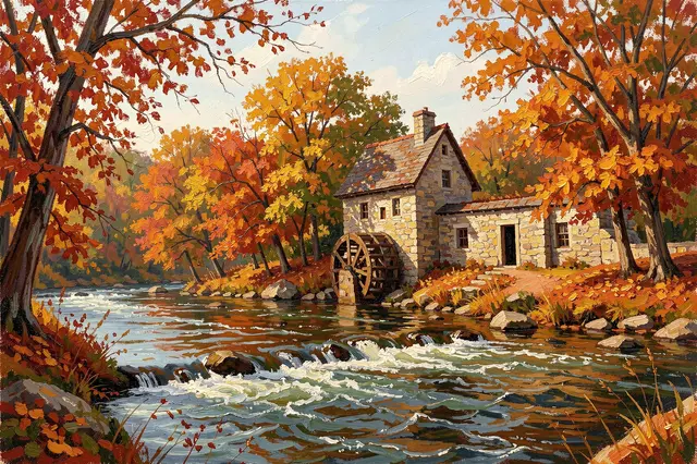 Oil painting of an old stone water mill beside a rushing river surrounded by vibrant fall trees