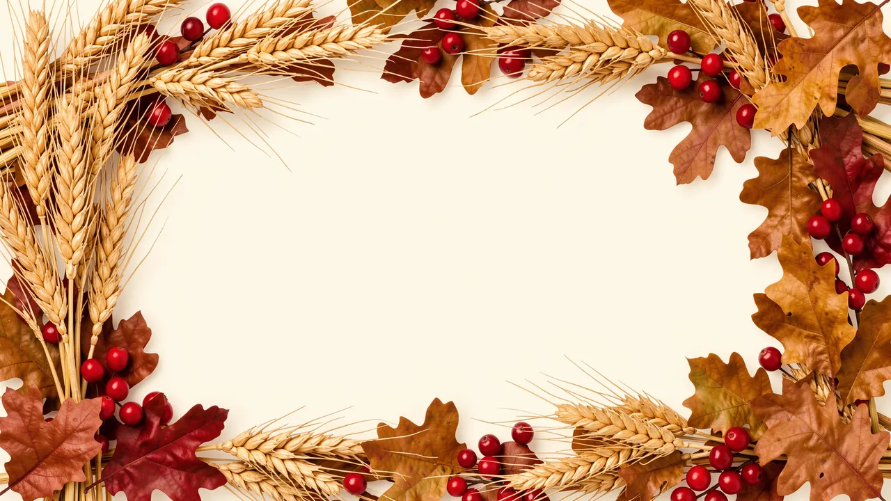 A decorative border of wheat stalks, oak leaves, and cranberries surrounds an empty cream center.