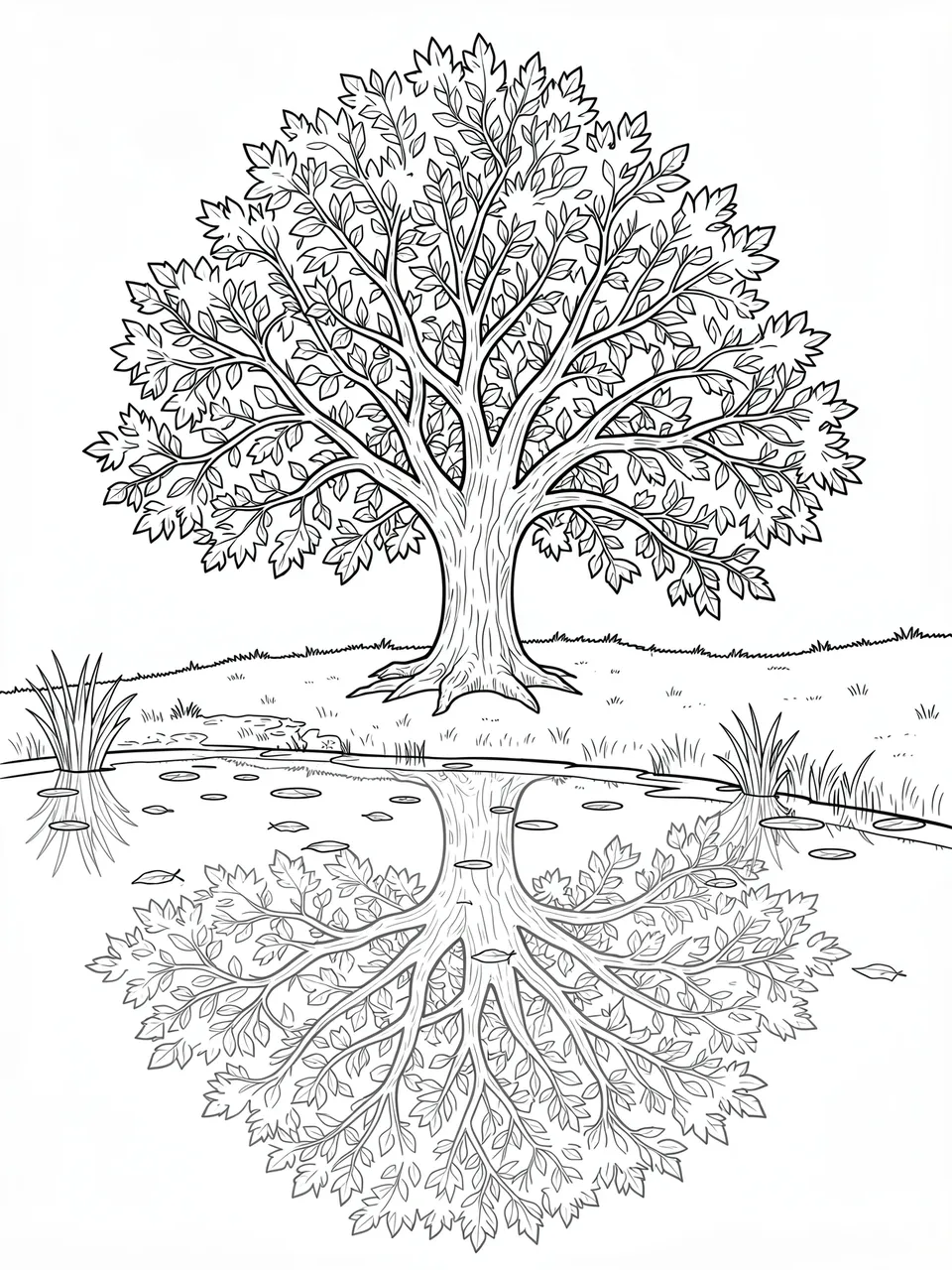 Black and white line art showing a large tree reflected in a still pond with floating fallen leaves