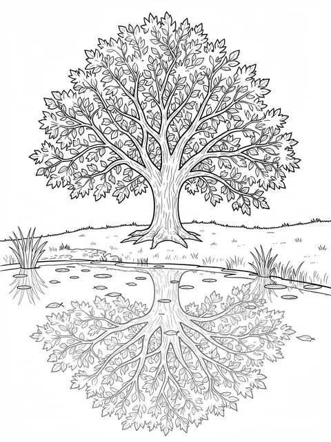 Black and white line art showing a large tree reflected in a still pond with floating fallen leaves