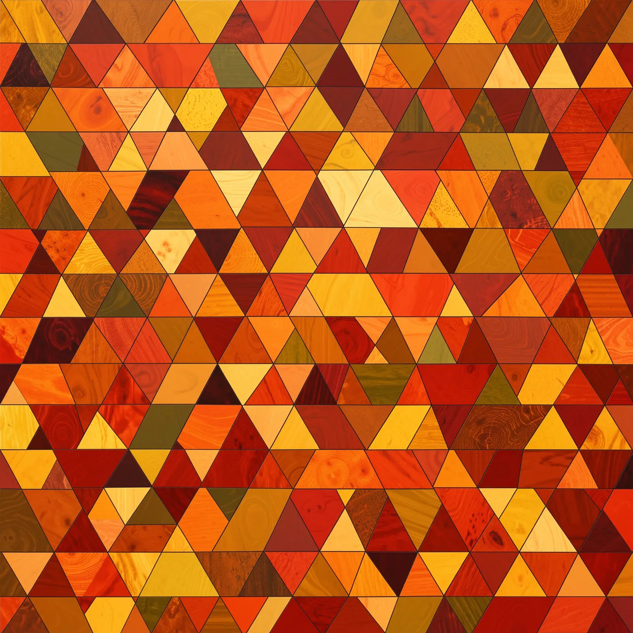 Seamless geometric mosaic of textured wood-grain triangles in warm autumn hues