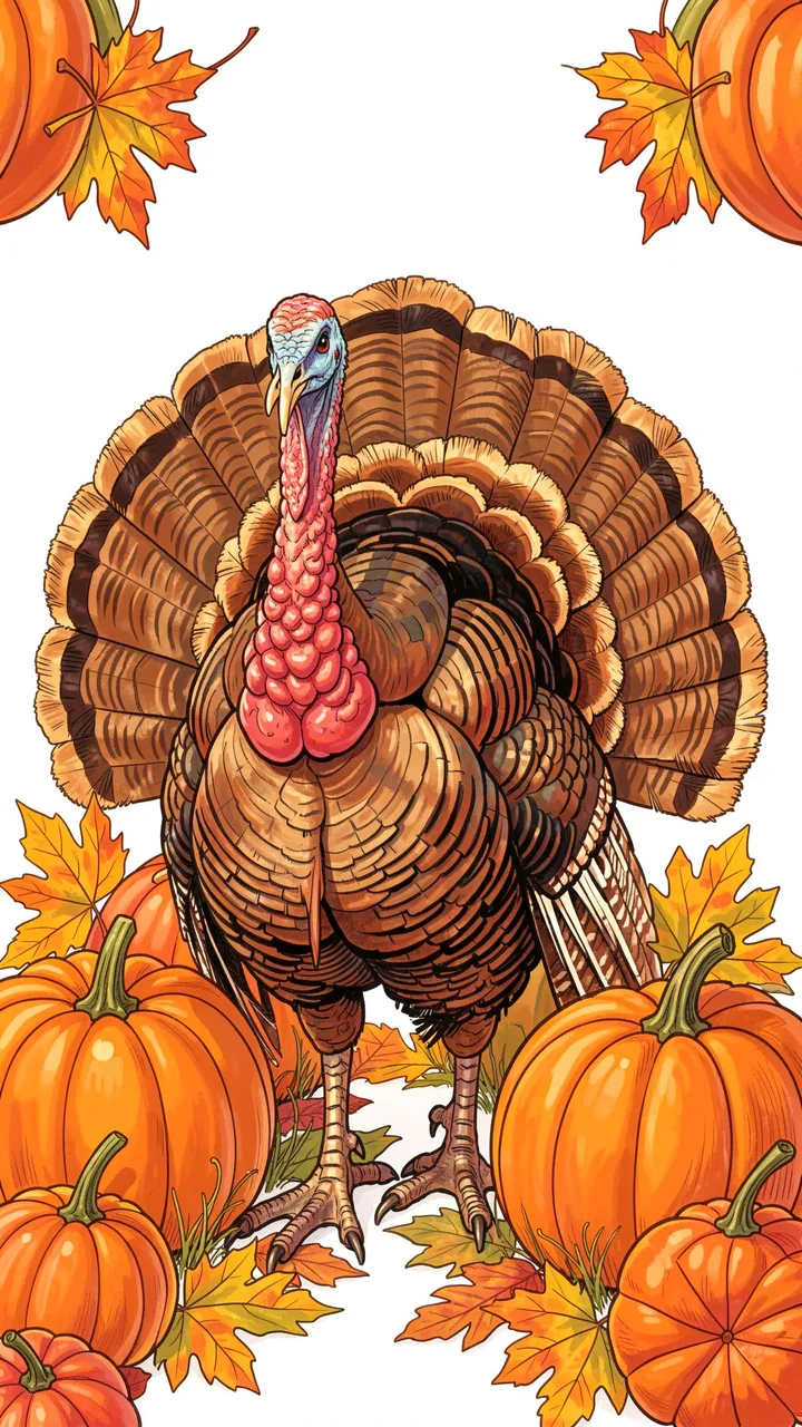 Illustration of a fanned wild turkey standing surrounded by pumpkins and fall maple leaves