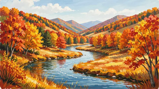 Gouache painting of a winding river flowing through a valley lined with bright fall foliage and distant mountains