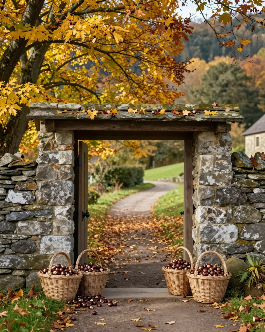 Wicker baskets of chestnuts sit either side of a stone gate opening to a sunlit village lane in autumn.