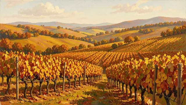 Textured oil painting of golden autumn vineyard rows stretching across rolling sunlit hills