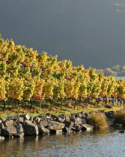 Grapevines with golden autumn foliage grow above a stone embankment beside calm lake water in soft morning light