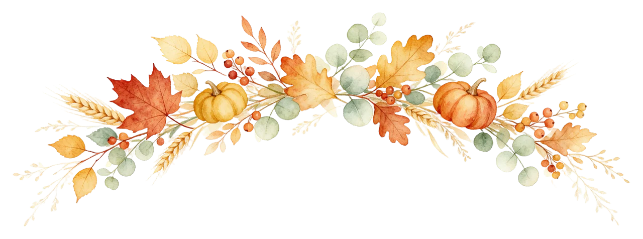An arching loose watercolor garland of fall leaves, small pumpkins, berries, wheat and eucalyptus.