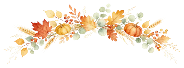 An arching loose watercolor garland of fall leaves, small pumpkins, berries, wheat and eucalyptus.