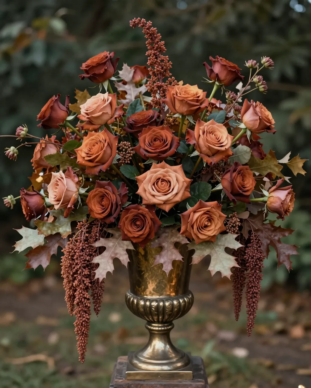 Lush fall flower arrangement with rust roses, amaranthus and oak leaves in a brass urn outdoors