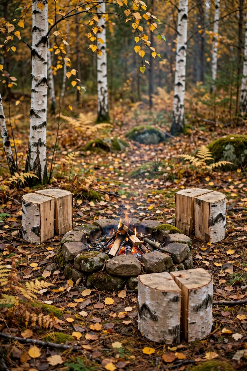 A small burning stone fire pit surrounded by split birch stools in an autumn birch woodland