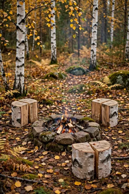 A small burning stone fire pit surrounded by split birch stools in an autumn birch woodland