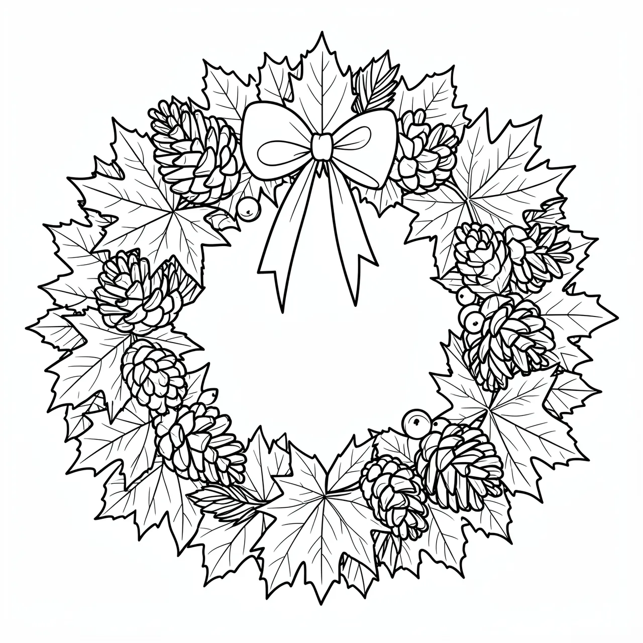 Black and white line art wreath of maple leaves, pinecones, berries and a bow on a plain white background