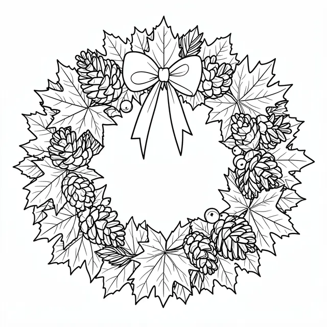 Black and white line art wreath of maple leaves, pinecones, berries and a bow on a plain white background